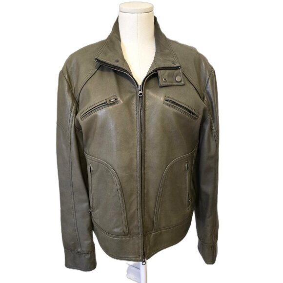 Men's Danier Genuine Leather Moto Jacket Grey Taupe Fall Zip Up Racer Sz M - Picture 1 of 13